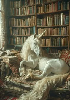 a white unicorn laying on top of a couch in front of a book shelf filled with books