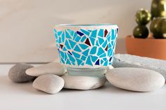 a blue and white cup sitting on top of rocks next to a potted plant