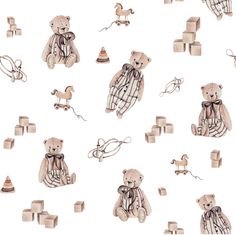 a pattern with teddy bears and toys on a white background for wallpaper or fabric