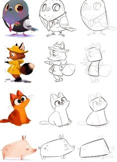 some cartoon animals that are in different poses