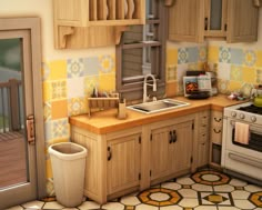 the kitchen is decorated with colorful tiles and wooden cabinets