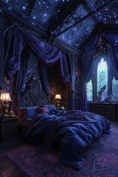 a large bed sitting under a window in a bedroom next to a night sky filled with stars