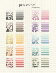 the color chart for pens and pencils, with different colors in each row on it