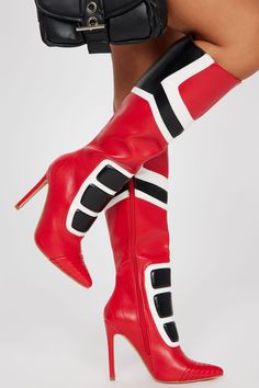 Available In Black/White And Black/Red. Knee High Heeled Boots Print Pointed Toe Ultra High Heel Imported | Forever A Baddie Knee High Heeled Boots in Black/Red size 6 by Fashion Nova Fitted Polyurethane Heeled Boots With Pointed Toe, Trendy Fitted Synthetic Heeled Boots, Fitted High Ankle Synthetic Heels, Red Synthetic Boots, Red Fitted Synthetic Boots, Fitted Red Synthetic Boots, Winter Boots With Red Sole In Synthetic Material, Red Fitted Faux Leather Heeled Boots, Fitted Bold Winter Boots