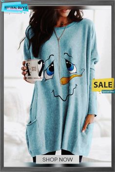 Christmas Xmas Long Sleeve Round Neck Printed Top T-shirt Xmas T-shirt Blue Long Sleeve T-shirt With Funny Print, Winter Long Sleeve Tops With Funny Print, Funny Print Long Sleeve Winter Tops, Long Sleeve T-shirt For Winter Loungewear, Casual Long Sleeve Cartoon Print T-shirt, Blue Long Sleeve Tops With Funny Print, Casual Winter Tops With Cartoon Print, Winter Cotton Tops With Character Print, Casual Christmas Long Sleeve Tops