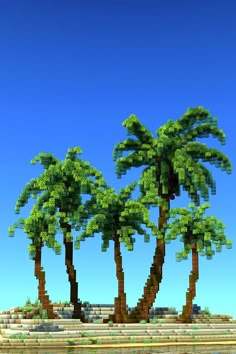 three palm trees are shown in this pixel art style image with blue sky and water behind them