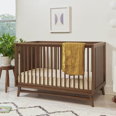 a baby's crib in a white room with a potted plant on the floor