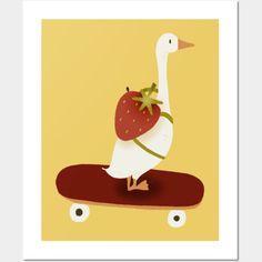 a white duck on a skateboard with a strawberry on it's back end