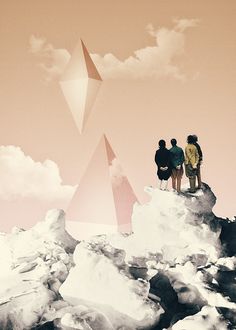 three people standing on top of an ice covered mountain