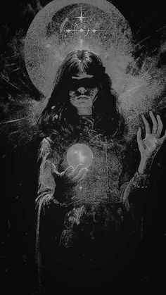 a black and white drawing of a woman holding a crystal ball in her hand with the moon above her head