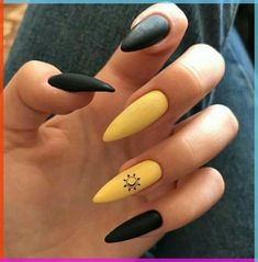 Acrylic nails/ yellow nails/black nails Halloween Acrylic Nails, Edgy Nails, Grunge Nails, Nail Swag, Acrylic Nails Coffin Short, Summer Acrylic Nails, Black Nail, Yellow Nails, Dream Nails