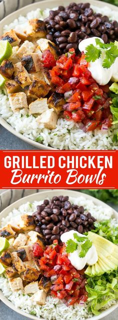 this grilled chicken burrito bowl is loaded with black beans, tomatoes, avocado and cilantro