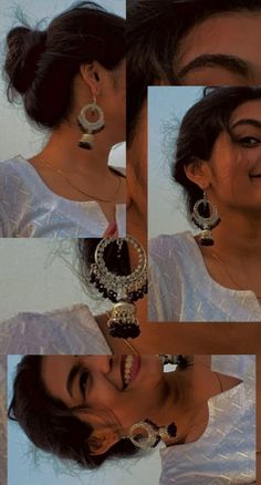 a collage of photos shows a woman wearing earrings and smiling at the camera with her hand on her hip