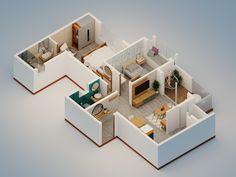 an overhead view of a two bedroom, one bath apartment with living room and kitchen