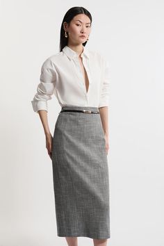 Experience Updated Tailoring Essentials With Our Midi Skirt, With A Fitted Silhouette And A High Waistline, Creating A Universally Flattering Fit. The Monochrome Colouring And Textured Fabric Adds Dimension And Unique Detail To The Look, And This Piece Can Easily Be Paired With A Crop Top For A Day To Night Look, Then With The Matching Jacket For A Co-Ordinating Occasion Look. Mono Textured Pencil Skirt​ High Quality, Textured Fabric Classic, Monochrome Fabric Comfortable High Waistline Flatteri Classic Skirts Outfits, Business Casual Midi Skirt, Midi Skirt Outfit Office, Office Outfits Skirt, Skirt Office Outfit, Pencil Skirt Outfits Classy, Midi Pencil Skirt Outfit, Long Pencil Skirts, Disco Fries