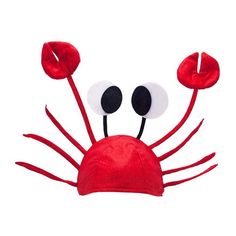 a red crab hat with eyeballs on it's head and two black eyes