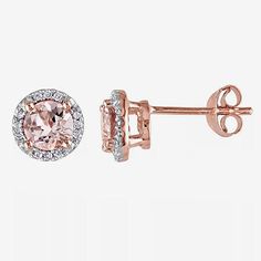 A subtle blush of color makes these pink morganite stud earrings both noticeable and versatile. A ring of diamond accents gives them that extra sparkle you love.Metal: Rose rhodium-plated sterling silverStones: .96 ctw. genuine round pink morganiteOther Stones: Diamond accentsFeatures: Quick ShipDiamond Clarity: I2-I3Earring Back: FrictionSetting: ProngStone Cut: RoundDiamond Color: H-IEarring Length: 7.2mmEarring Width: 7.2mmRounded Carat Weight: 1 Ct. T.w.Care: Wipe CleanAuthenticity: Genuine Sterling Silver Diamond Earrings, Morganite Earrings, Ear Pin, Rose Diamond, Silver Diamond Jewelry, Rose Stud Earrings, Silver Diamond Earrings, Black Gold Jewelry, Ear Pins