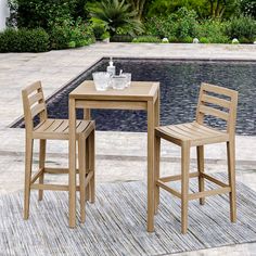 two chairs and a table in front of a pool