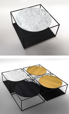 two tables with different shapes and colors on them