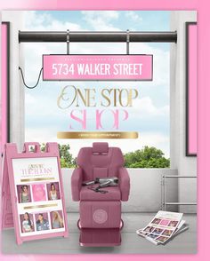 a pink chair sitting in front of a window next to a sign that says, 534 walker street one stop shop