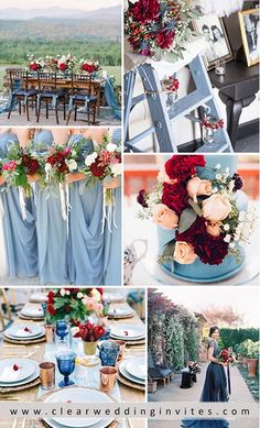 a collage of different pictures with red and blue flowers on them, including an outdoor table