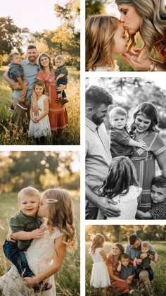 a collage of family photos taken in the park with their child's mom and dad