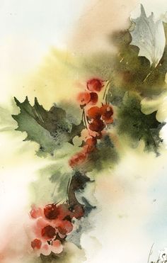 watercolor painting of red berries and leaves