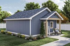 a small blue house with a porch and covered patio