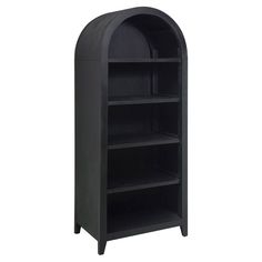 a black book shelf with an arched top