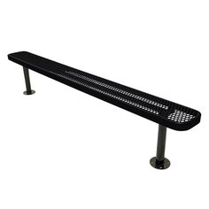 a black metal bench sitting on top of a white floor with perfored sides