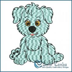 a cute little dog with big eyes sitting down and looking at the camera machine embroidery design