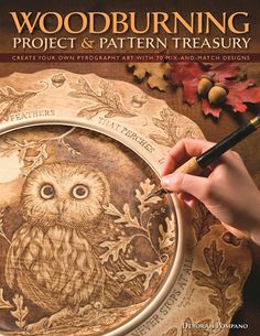 the cover of woodburning project and pattern treasury, featuring an owl on a plate