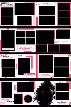 a pink and black layout for a wedding album with photoshopped into the pages