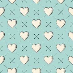 a blue background with white hearts and crossed sticks