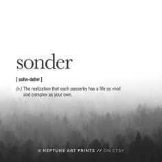 the words sonder are written in black and white with trees behind them on a foggy day