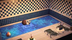 an animated scene of a pool with lounge chairs and a teddy bear in the middle