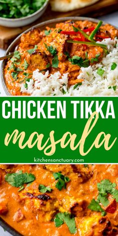 chicken tikka masala with rice and cilantro garnish on top