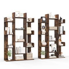 two bookshelves made out of wooden planks