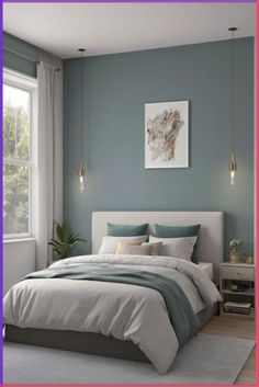 a bedroom with blue walls, white bedding and gray carpeted flooring is shown