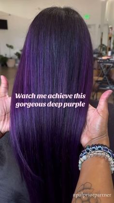 Dark Roots Purple Hair, Low Maintenance Purple Hair, Purple Hair On Black Women, Plum Violet Hair, Eggplant Purple Hair, Purple Hair Green Eyes, Dark Violet Hair Color Deep Purple, Purple Lowlights In Brown Hair, Purple Halo Hair