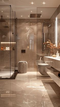 a modern bathroom with two sinks and large mirrors