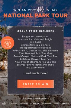 an advertisement for the grand prize includes information about how to win at the grand canyon national park tour