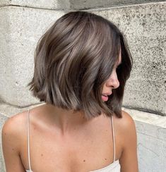 Short Ash Brown Bob Ash Brown Hair Short Bob, Short Hair Color Balayage, Ash Brown Bob Hair, All Over Ash Brown Hair Color, Mushroom Brown Bob Hair, Hair Color Natural Brown, Ash Brown Balayage Bob, Hair Color Bob Haircut, Short Haircuts Brown Hair