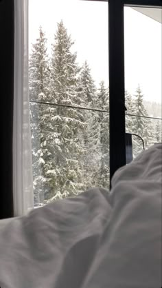 a bedroom with a view of the snow covered trees and mountains from it's window