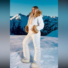 Brand New With Tags! Never Got To Use It Sold Out Online!! Size : Us 2 White Snowsuit, Ski Jumpsuit, Winter Mood, Ski Outfit, Waist Jacket, Black Puffer Jacket, Ski Suits, Black Puffer, White Fur