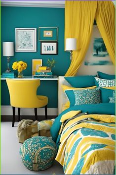 Stay on trend with teal and yellow bedroom styles. Explore the latest decor ideas that incorporate these vibrant colors for a chic and contemporary look. #TrendyBedroom #TealYellowStyle #HomeDecorTrends #InteriorFashion #BedroomUpdate Bedroom Wall Colour Combination, Yellow Decor Ideas, Teal Furniture, Teal Bedroom Ideas, Yellow Bedroom Ideas, Designing A Bedroom, Girl Apartment Decor, Beds For Small Rooms