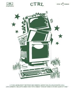 an old computer sitting on top of a grass covered field with stars in the background