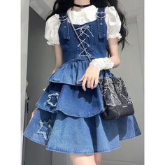 Fashion White Lace Puff Sleeve Shirt Bandage Pleated Denim Suspender Dress Women Y2k 2024 Sweet Denim Suspenders, Skirt Top Set, Cute Dress Outfits, White Shirts Women, Skirt Denim, Kawaii Fashion Outfits, Really Cute Outfits, Kawaii Clothes, الرسومات اللطيفة