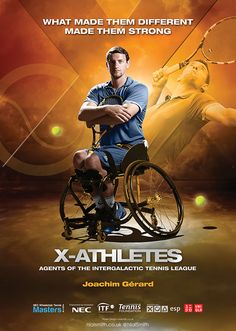 a man sitting in a wheel chair holding a tennis racquet on top of a poster