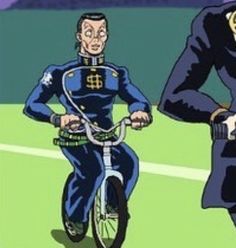 two men in uniforms riding bicycles on a field